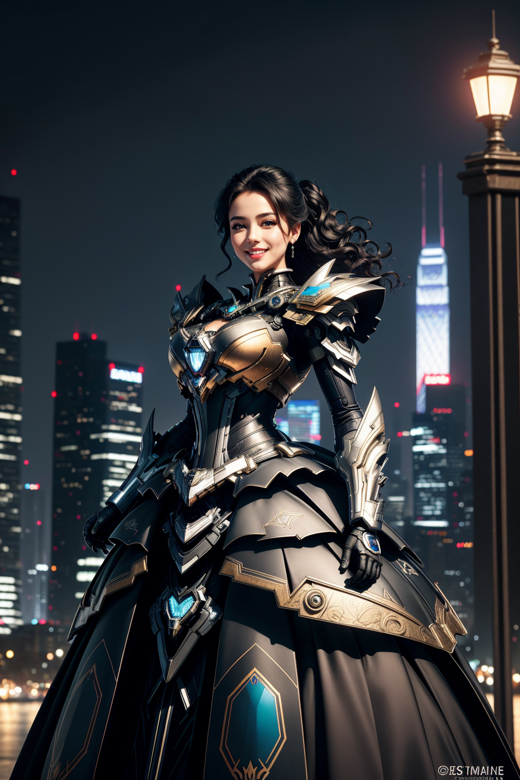 06779-3860070278-((Masterpiece, best quality,edgQuality)), _smiling,excited, edgMecha, a woman in a ballgown standing in front of a city at night.png